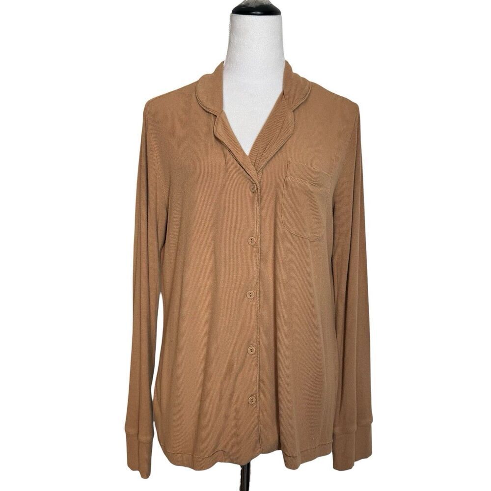 Skims Sienna Soft Lounge Ribbed Long Sleeve Pajama Top Size S Brown Button Up